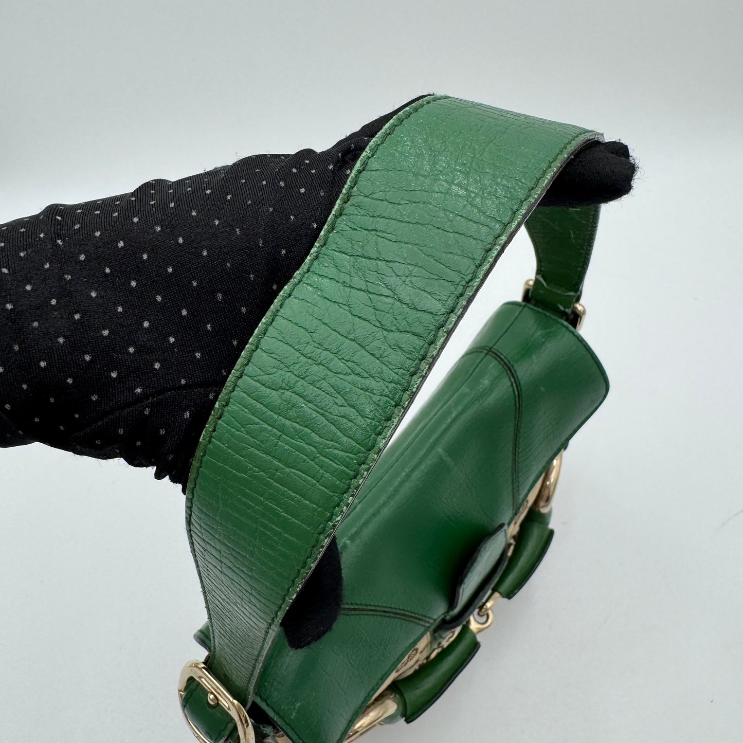 Gucci Tom Ford Monogram Canvas Green Leather Horsebit Chain Flap Small Shoulder Bag