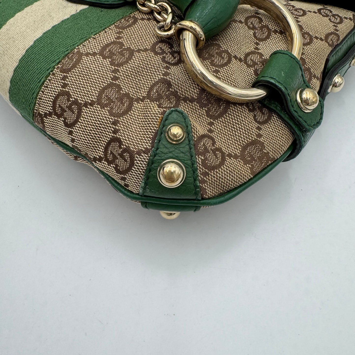 Gucci Tom Ford Monogram Canvas Green Leather Horsebit Chain Flap Small Shoulder Bag