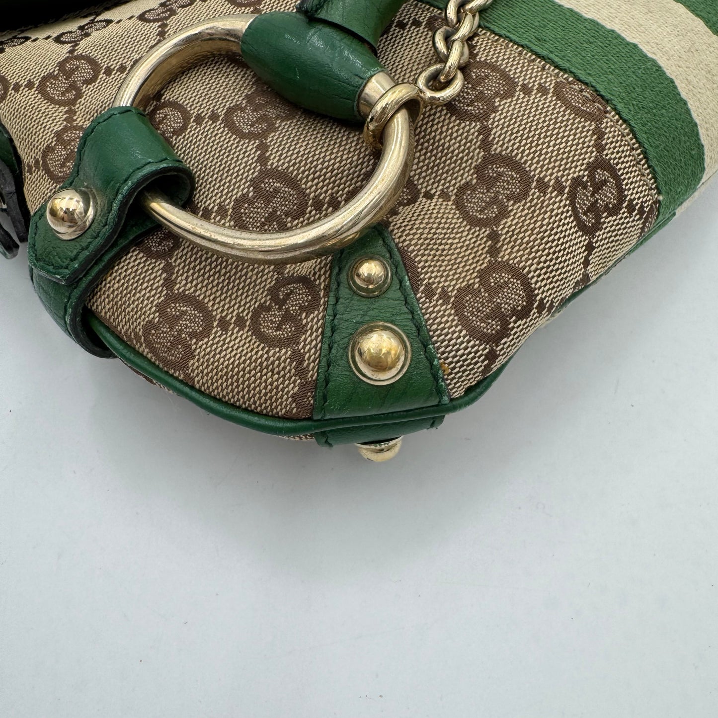 Gucci Tom Ford Monogram Canvas Green Leather Horsebit Chain Flap Small Shoulder Bag