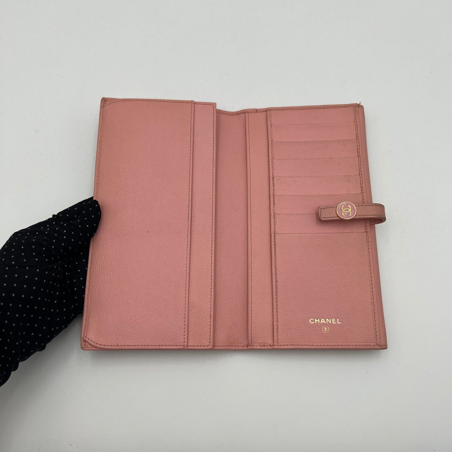 Chanel Light Pink Leather Coco Button Long Wallet