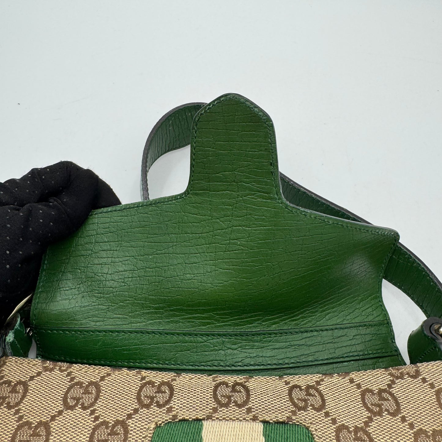Gucci Tom Ford Monogram Canvas Green Leather Horsebit Chain Flap Small Shoulder Bag