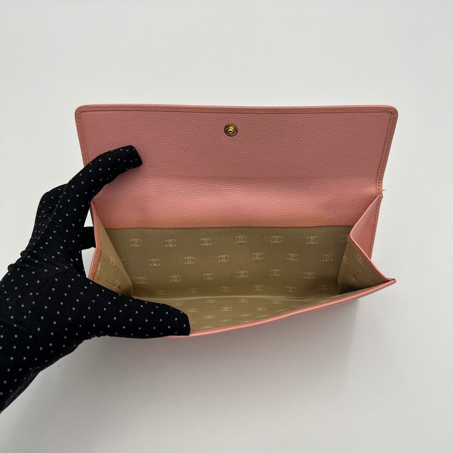 Chanel Light Pink Leather Coco Button Long Wallet