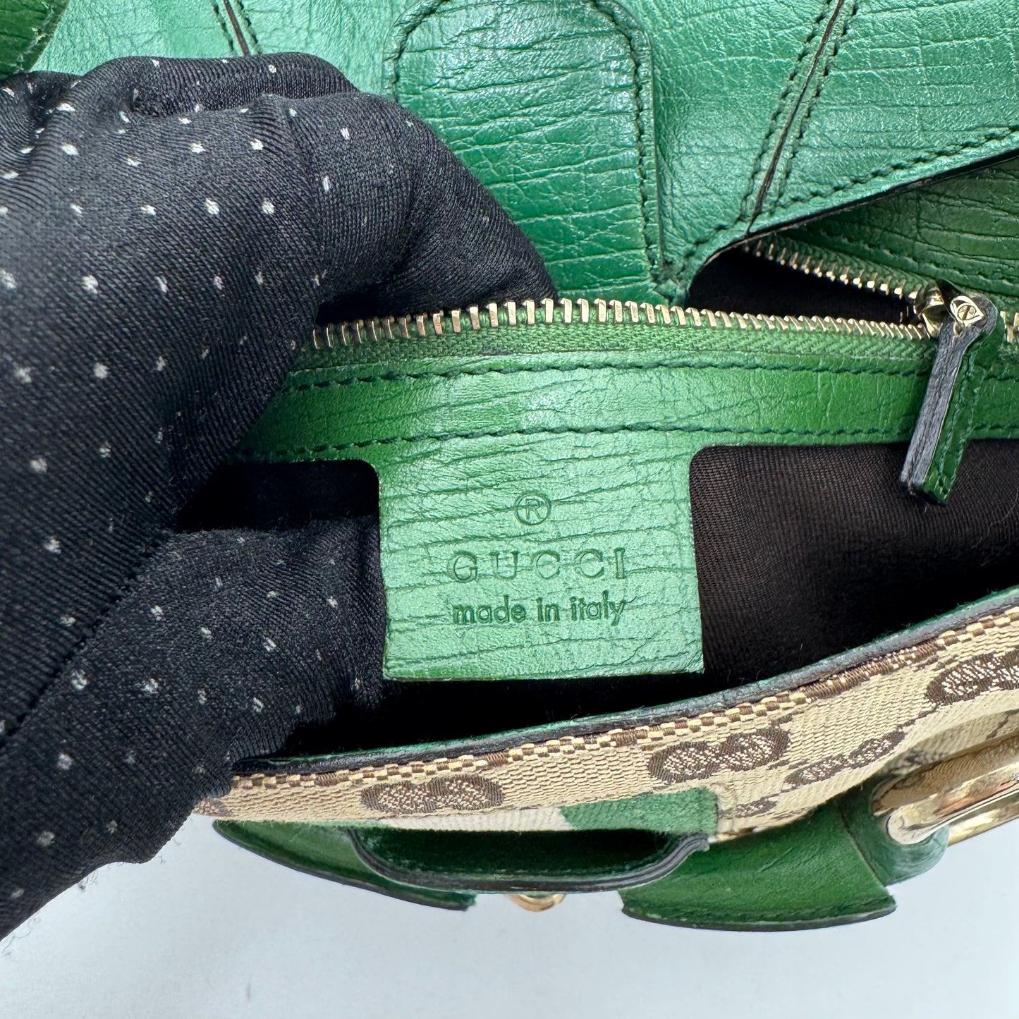 Gucci Tom Ford Monogram Canvas Green Leather Horsebit Chain Flap Small Shoulder Bag