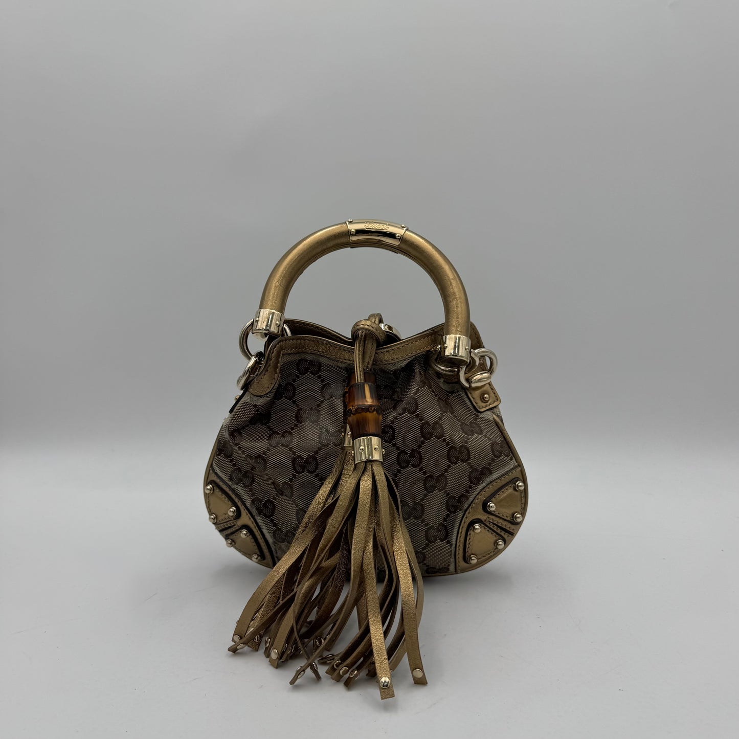 Gucci Beige Gold GG Canvas Coated Canvas Mini Babouska Indy Bag