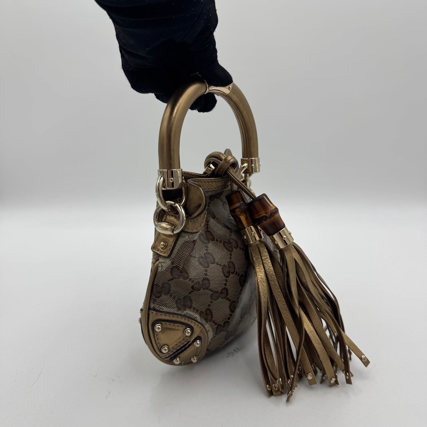Gucci Beige Gold GG Canvas Coated Canvas Mini Babouska Indy Bag
