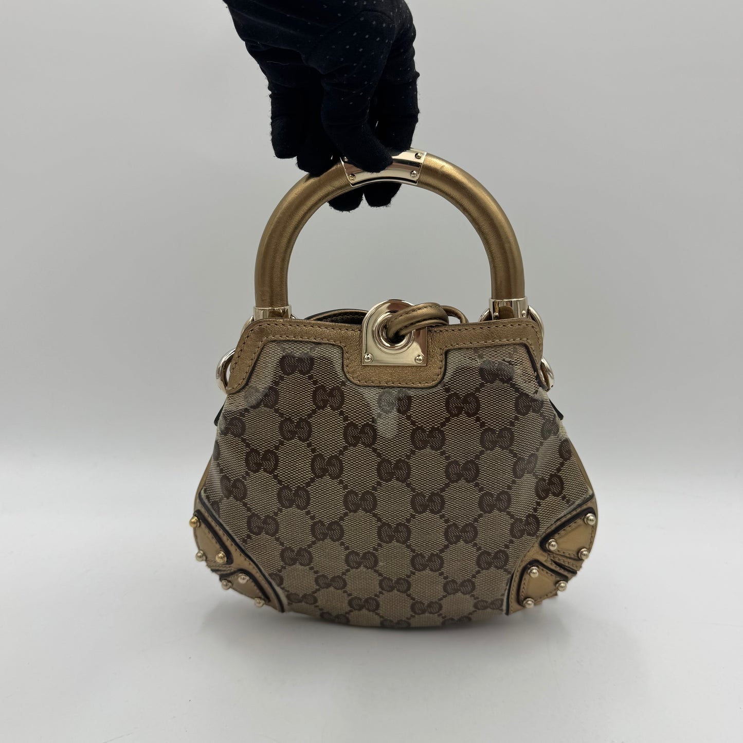 Gucci Beige Gold GG Canvas Coated Canvas Mini Babouska Indy Bag
