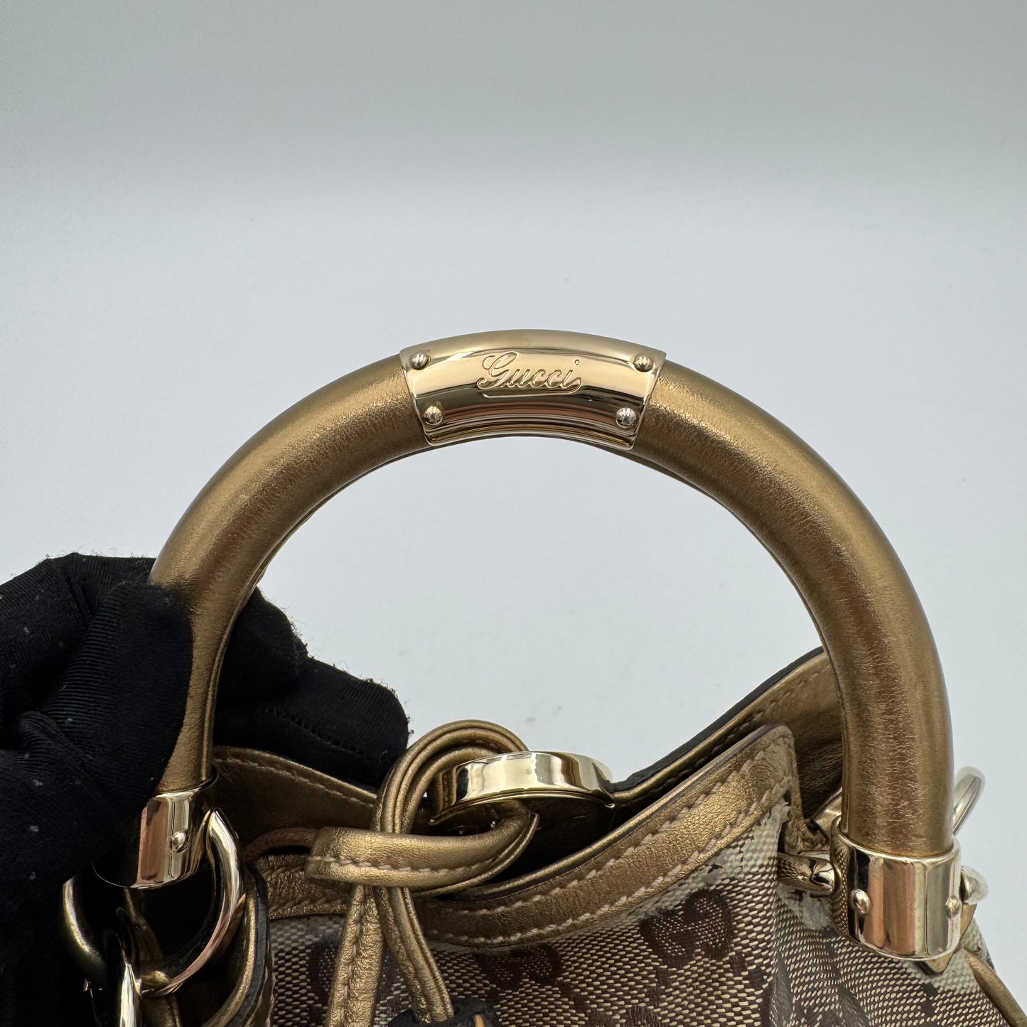 Gucci Beige Gold GG Canvas Coated Canvas Mini Babouska Indy Bag