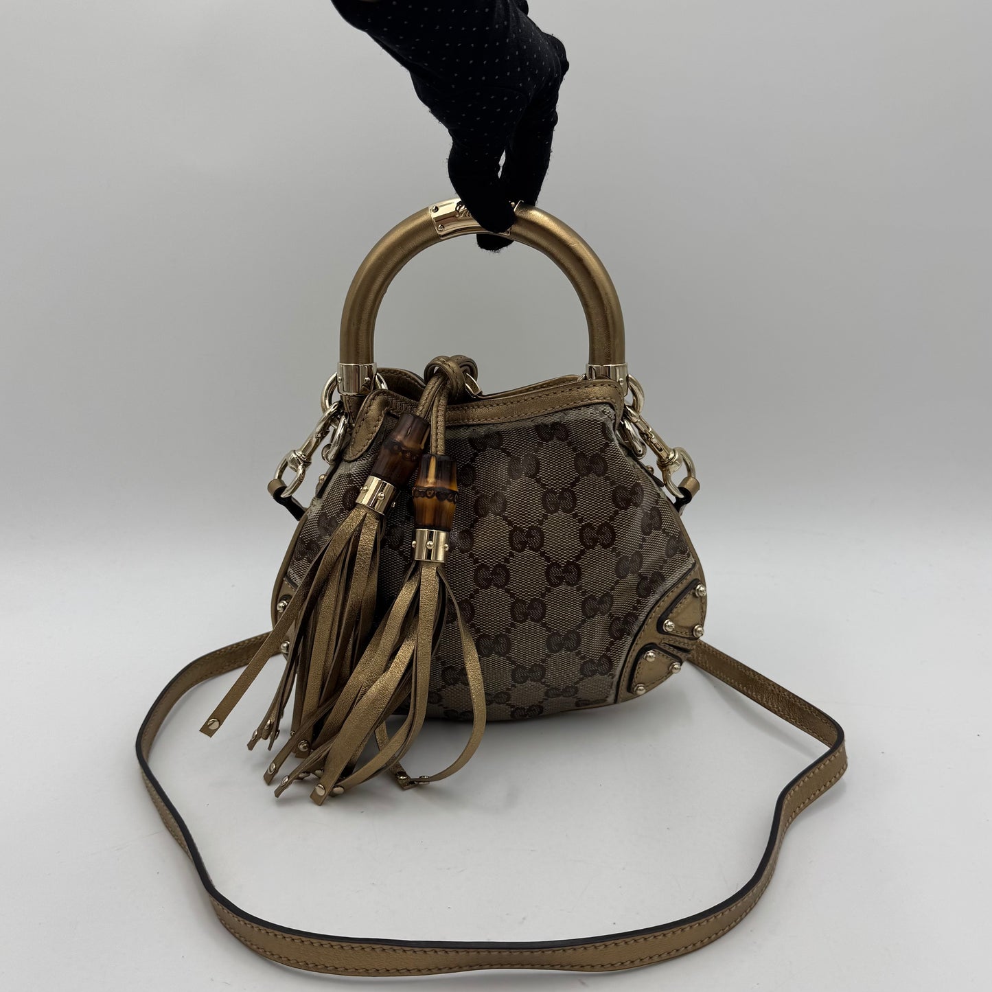 Gucci Beige Gold GG Canvas Coated Canvas Mini Babouska Indy Bag