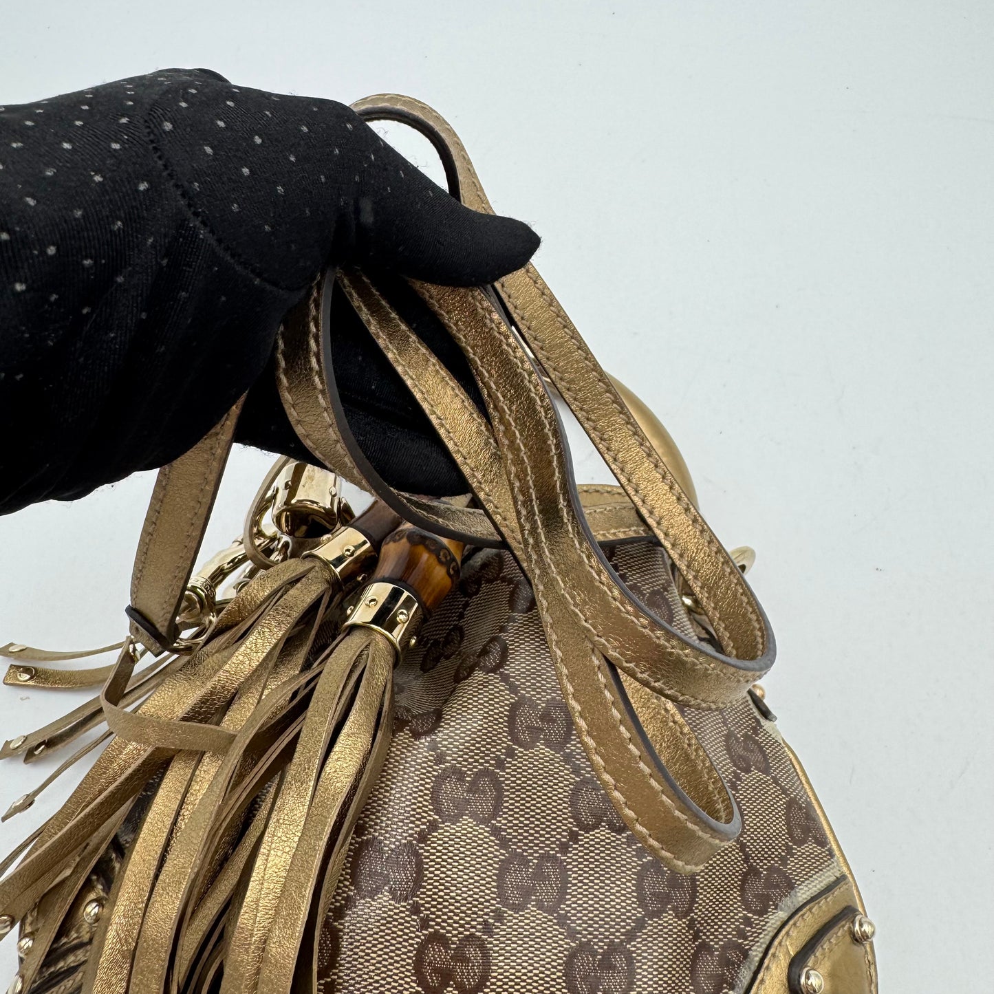 Gucci Beige Gold GG Canvas Coated Canvas Mini Babouska Indy Bag