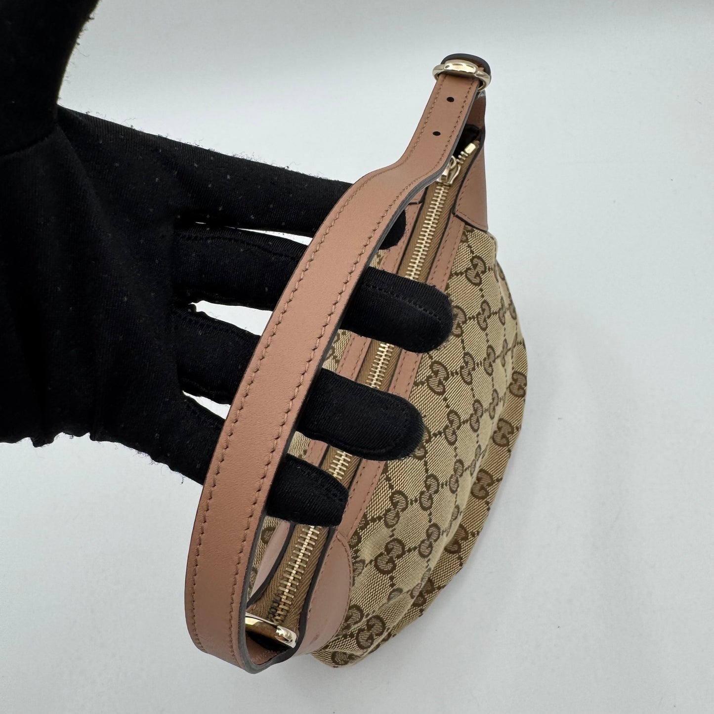 Gucci Beige Monogram Canvas Pink Leather Hobo Pochette