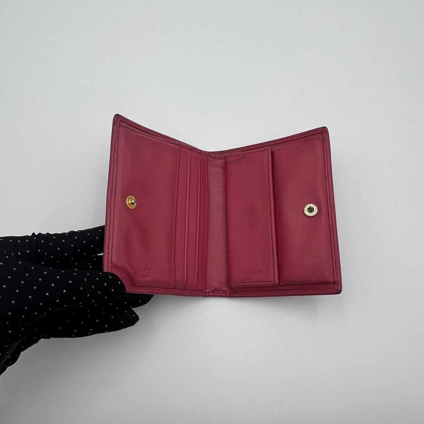 Prada Pink Saffiano Bifold Short Compact Wallet GHW