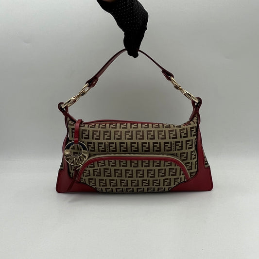 Fendi Brown Zucchino Canvas Red Leather Chef Baguette