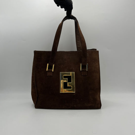 Fendi Vintage Brown Suede Gold FF Logo Handbag