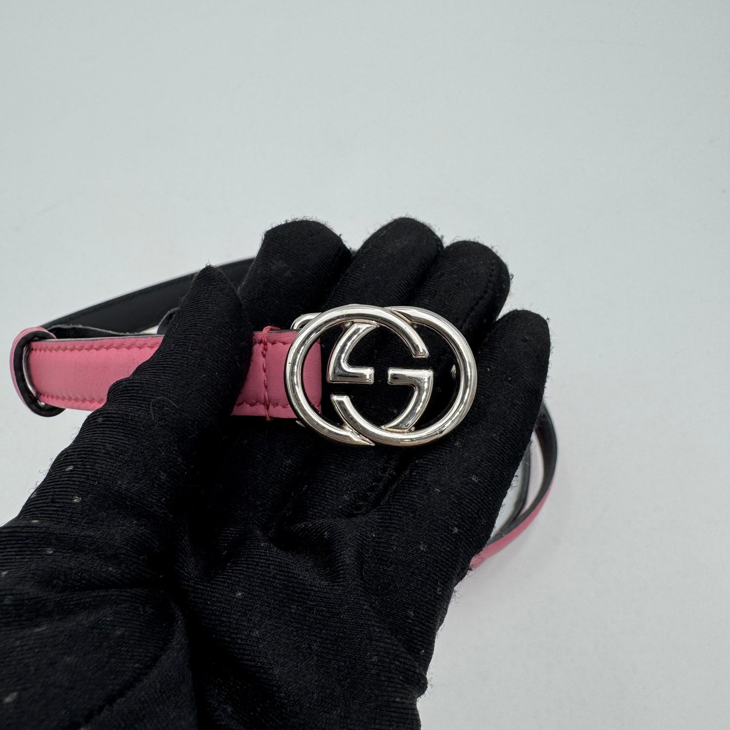 Gucci Pink Leather Interlocking G Slim Belt SHW