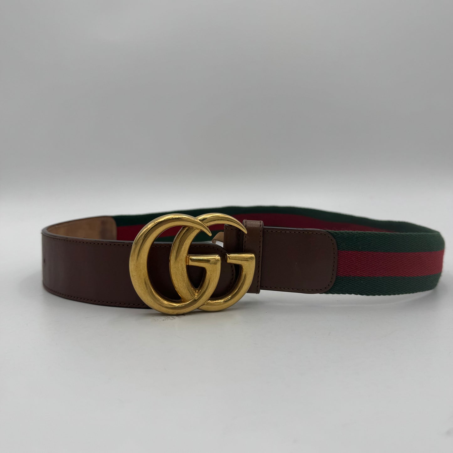 Gucci Brown Leather Web Fabric Marmont Belt GHW