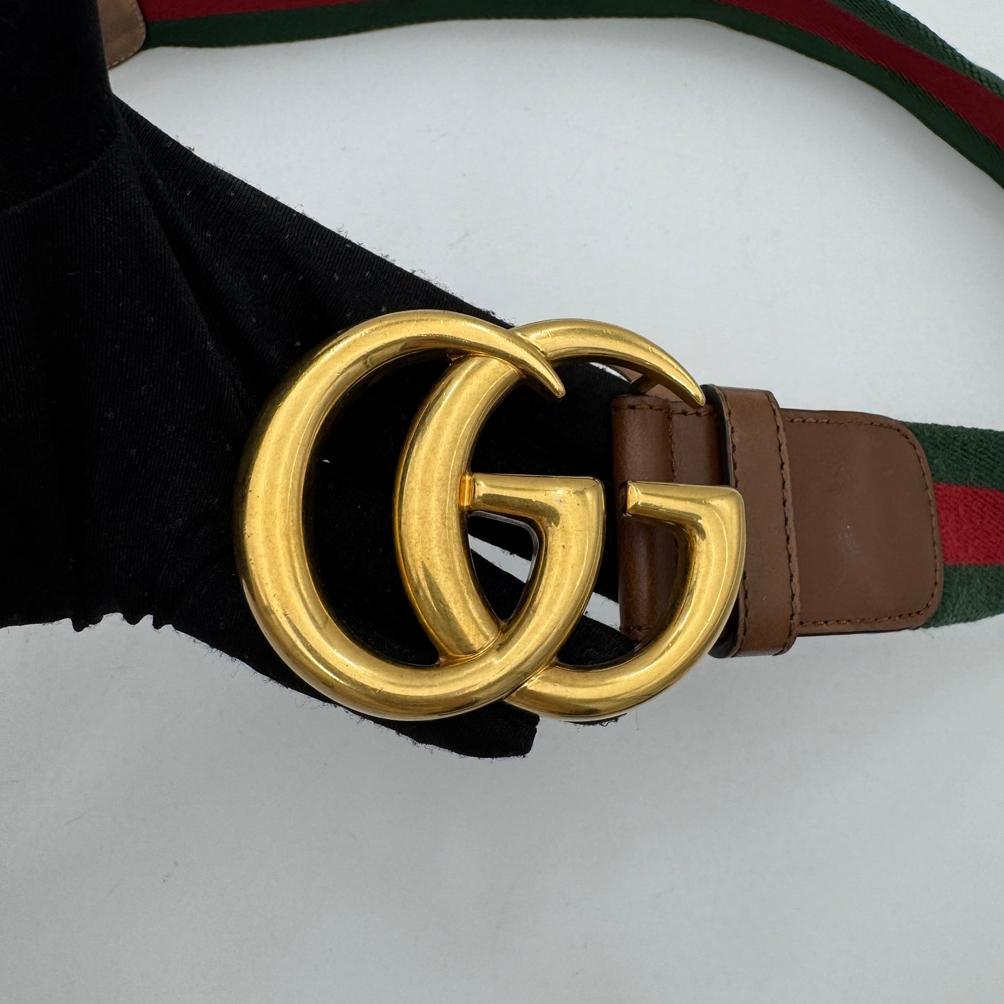 Gucci Brown Leather Web Fabric Marmont Belt GHW