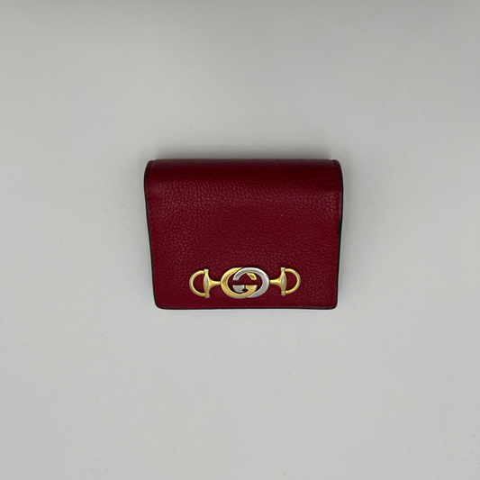 Gucci Red Leather Interlocking G Horsebit Zumi Chain Short Wallet