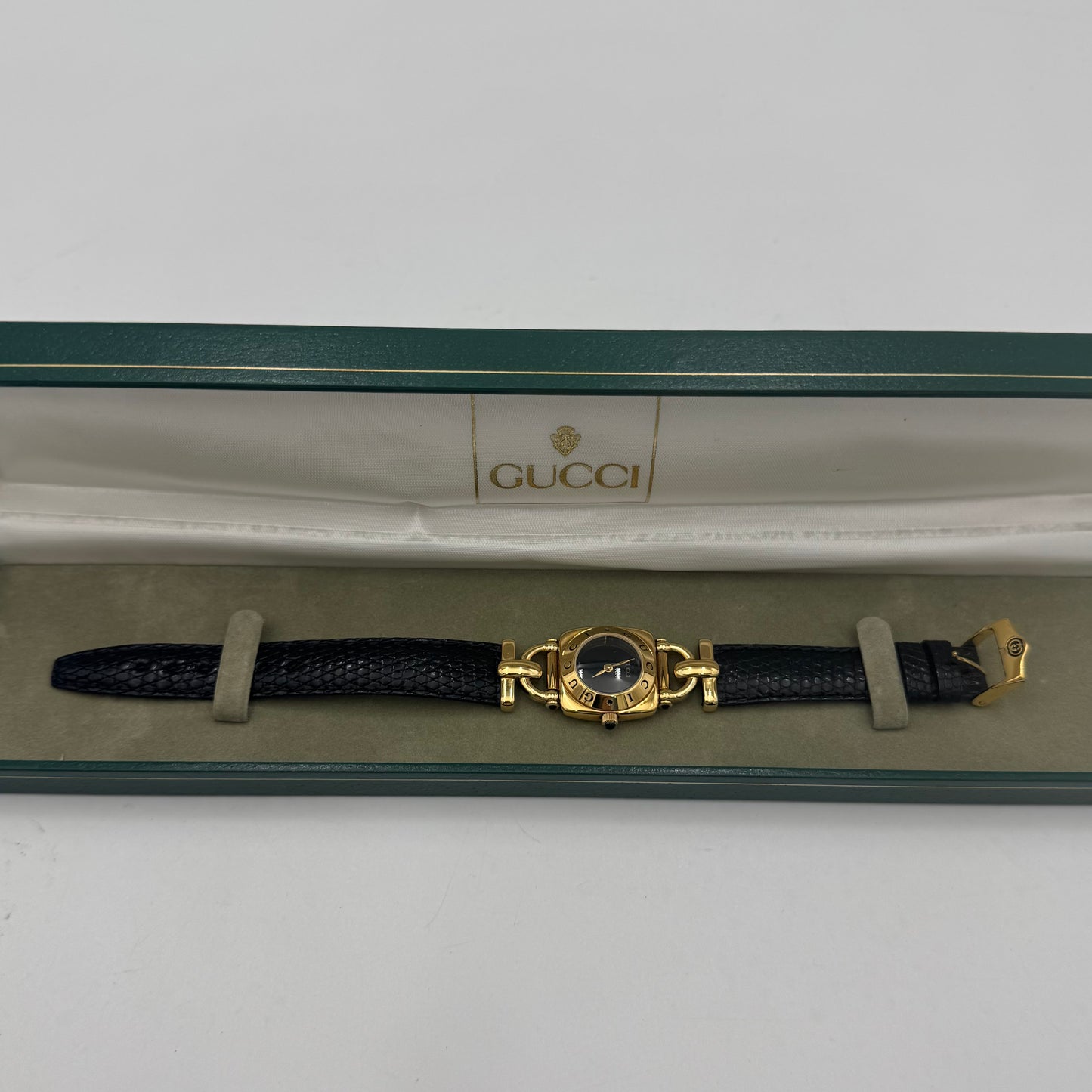Gucci 6300L Gold Plated Horsebit and Black Lizard Watch