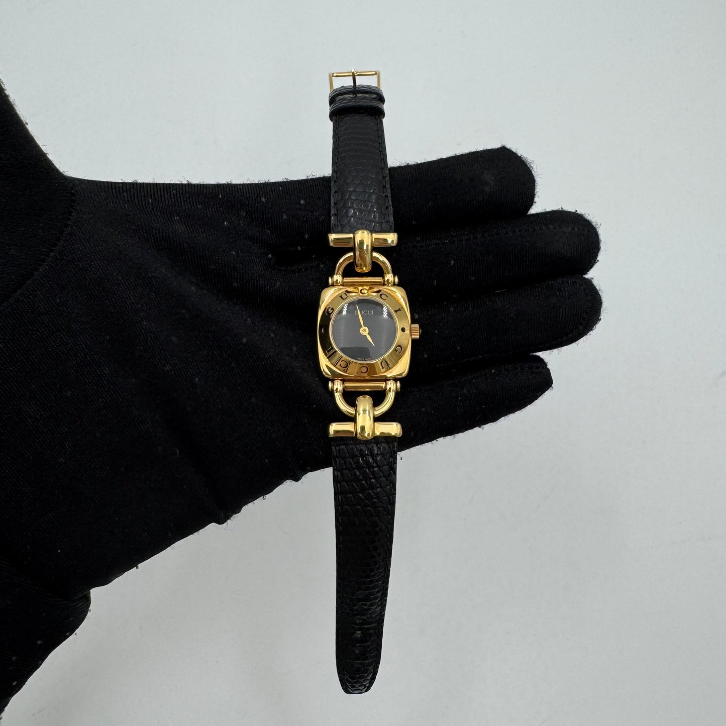 Gucci 6300L Gold Plated Horsebit and Black Lizard Watch