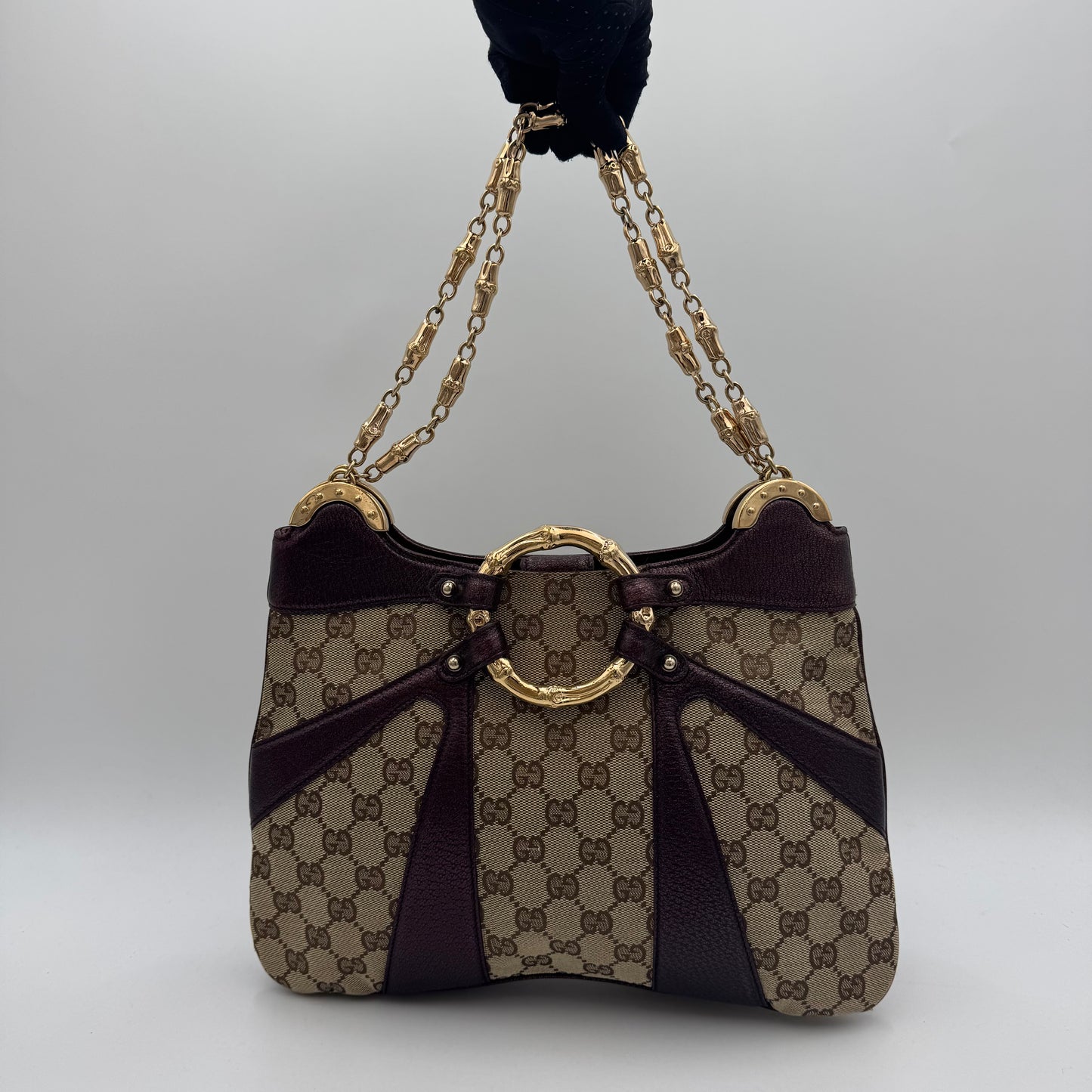 Gucci by Tom Ford Brown Canvas Purple Leather Bamboo Ring Chain Shoulder Bag