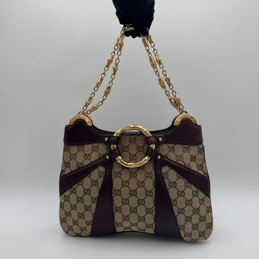 Gucci by Tom Ford Brown Canvas Purple Leather Bamboo Ring Chain Shoulder Bag