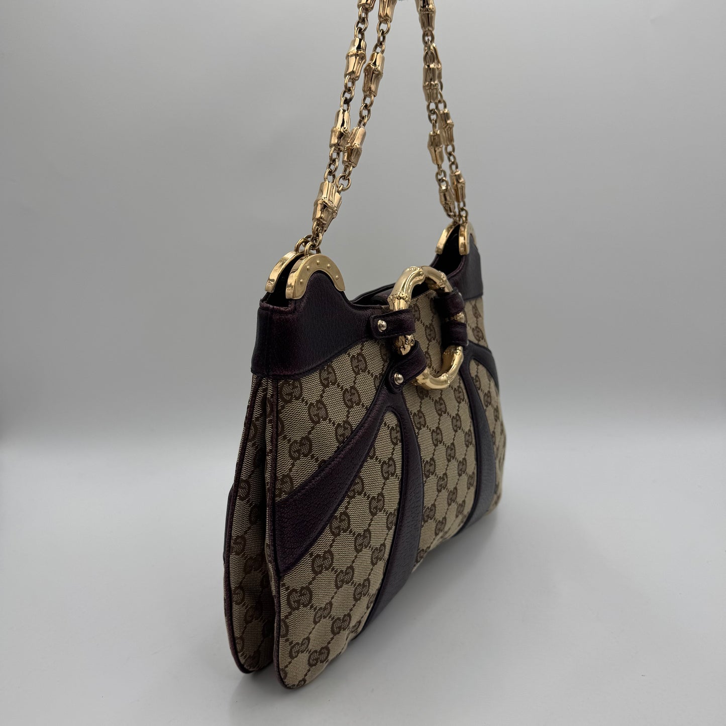 Gucci by Tom Ford Brown Canvas Purple Leather Bamboo Ring Chain Shoulder Bag