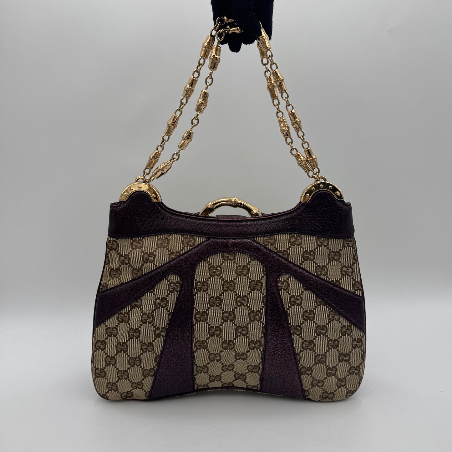 Gucci by Tom Ford Brown Canvas Purple Leather Bamboo Ring Chain Shoulder Bag