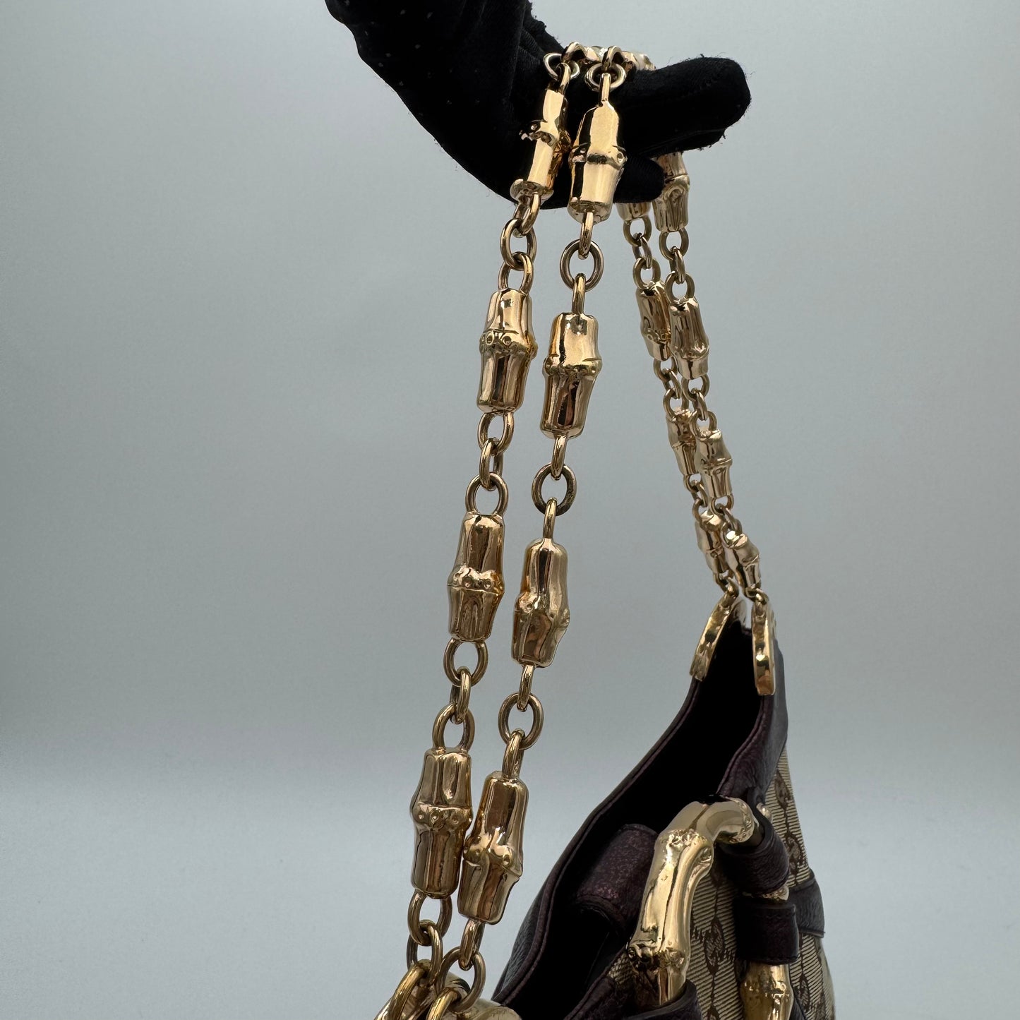 Gucci by Tom Ford Brown Canvas Purple Leather Bamboo Ring Chain Shoulder Bag