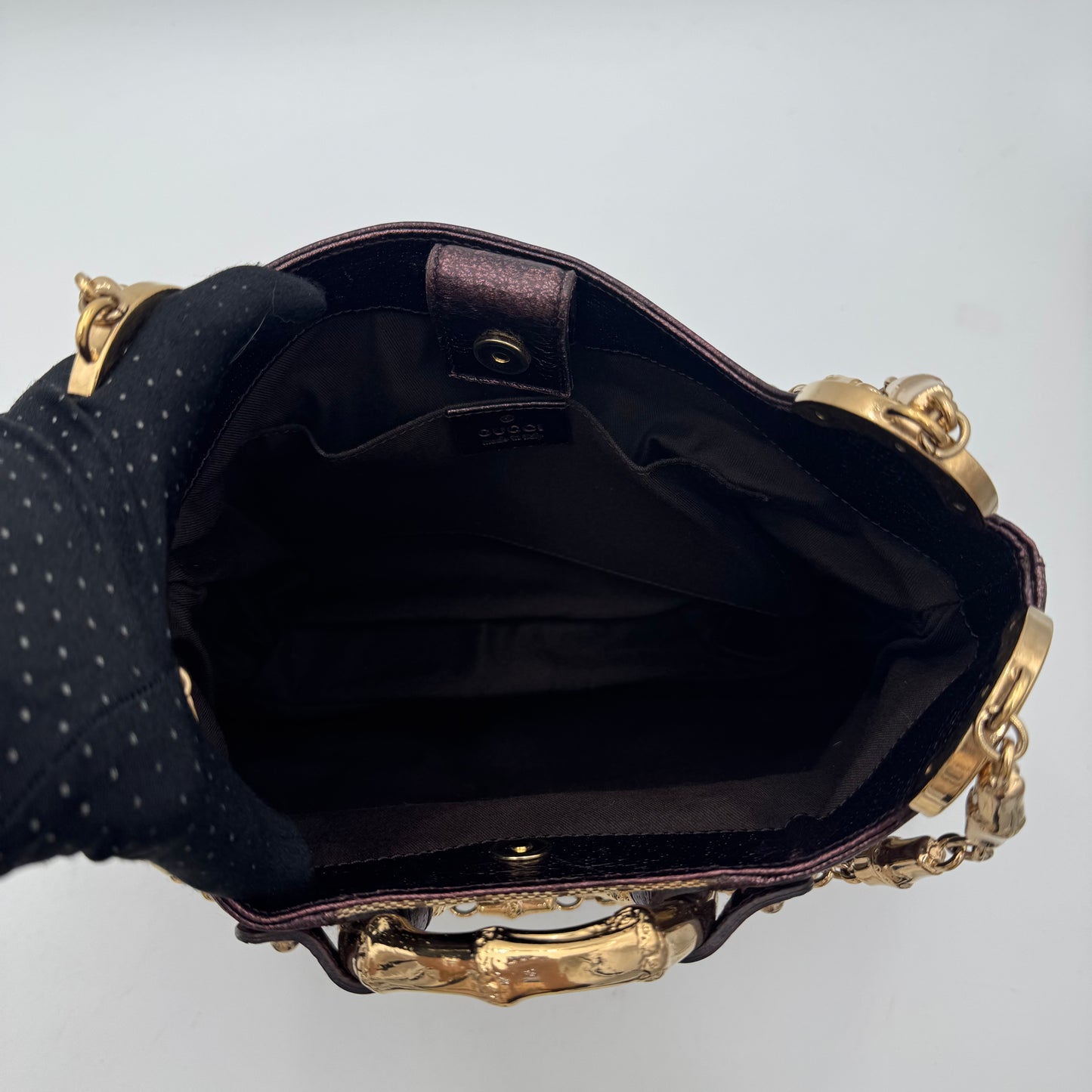 Gucci by Tom Ford Brown Canvas Purple Leather Bamboo Ring Chain Shoulder Bag