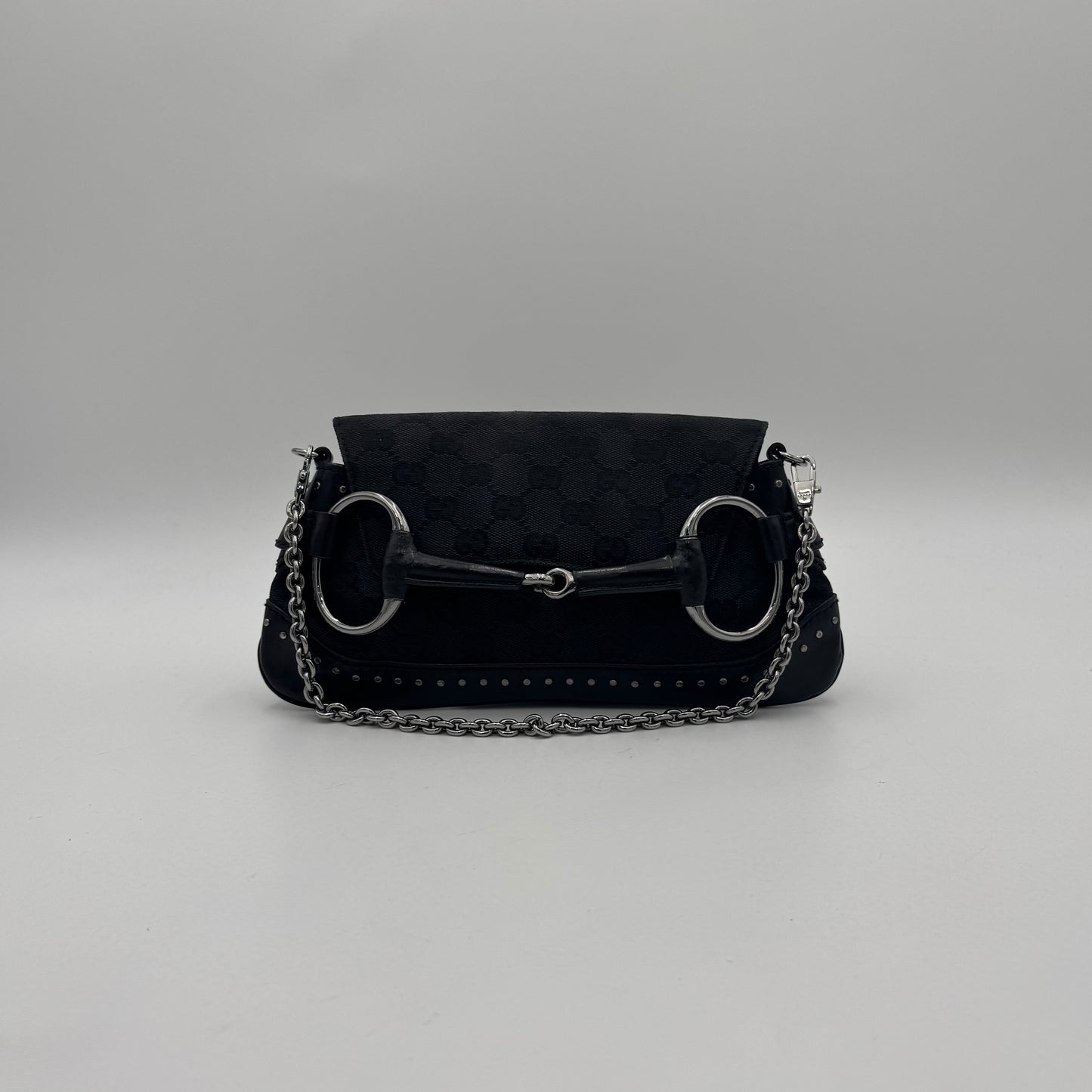 Gucci by Tom Ford Black Monogram Canvas and Studded Leather Horsebit Chain Shoulder Bag SHW