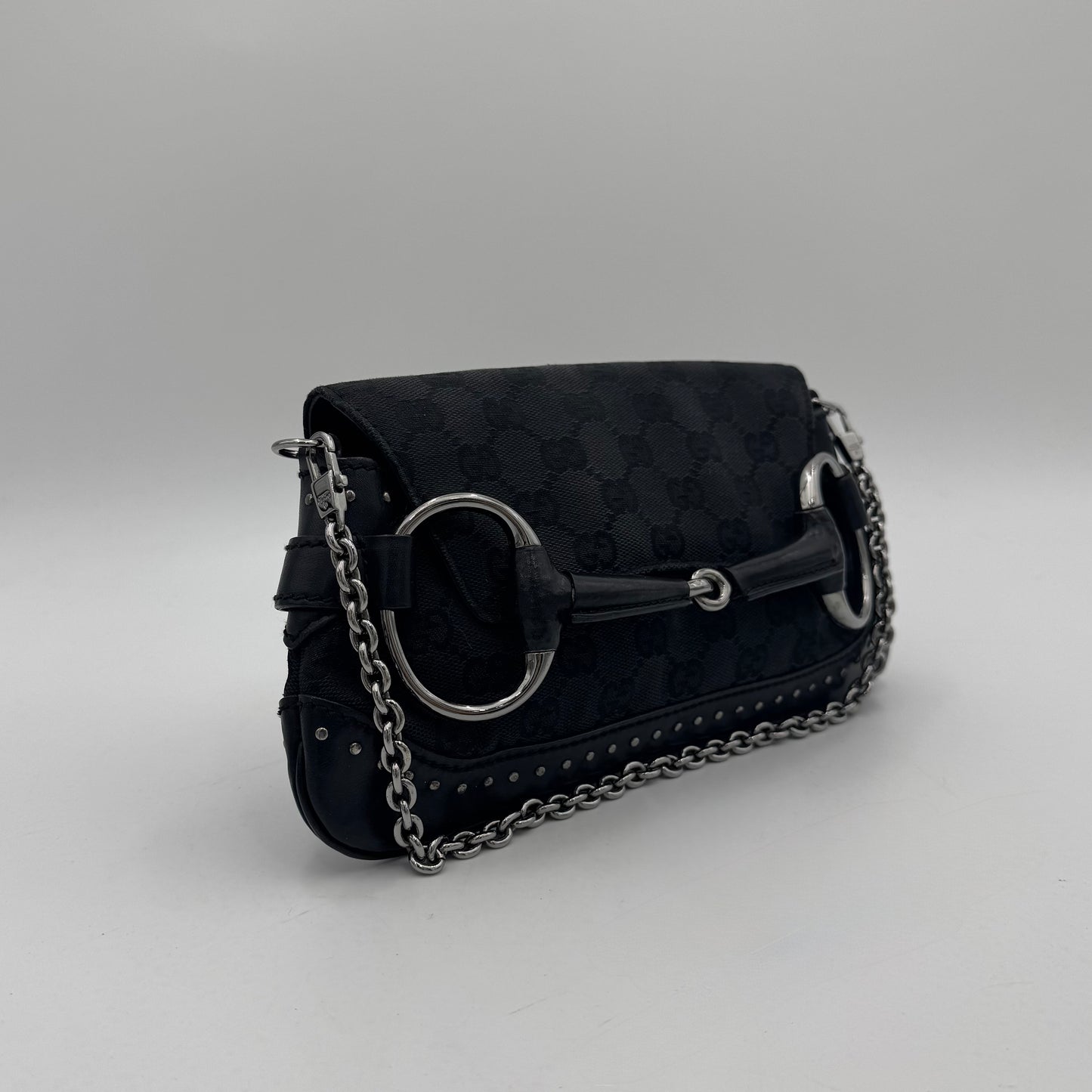 Gucci by Tom Ford Black Monogram Canvas and Studded Leather Horsebit Chain Shoulder Bag SHW