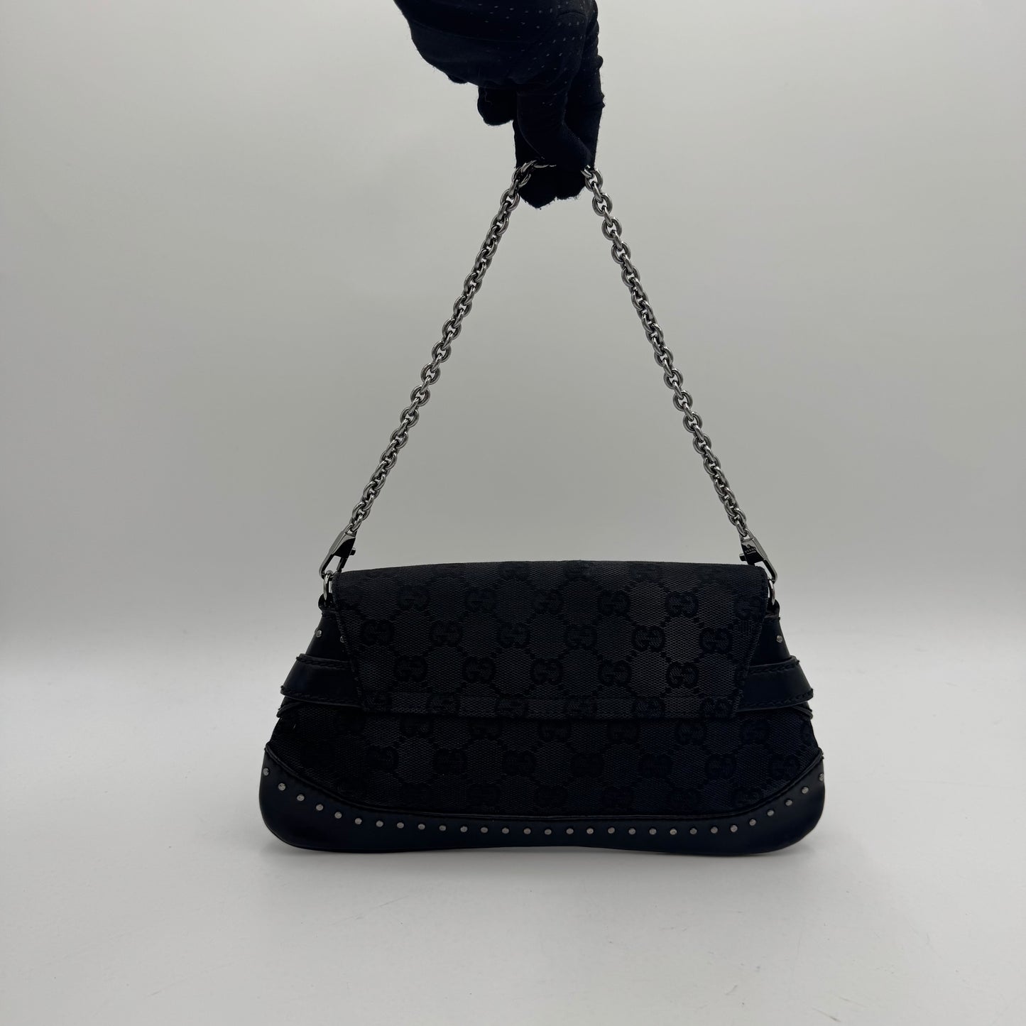 Gucci by Tom Ford Black Monogram Canvas and Studded Leather Horsebit Chain Shoulder Bag SHW