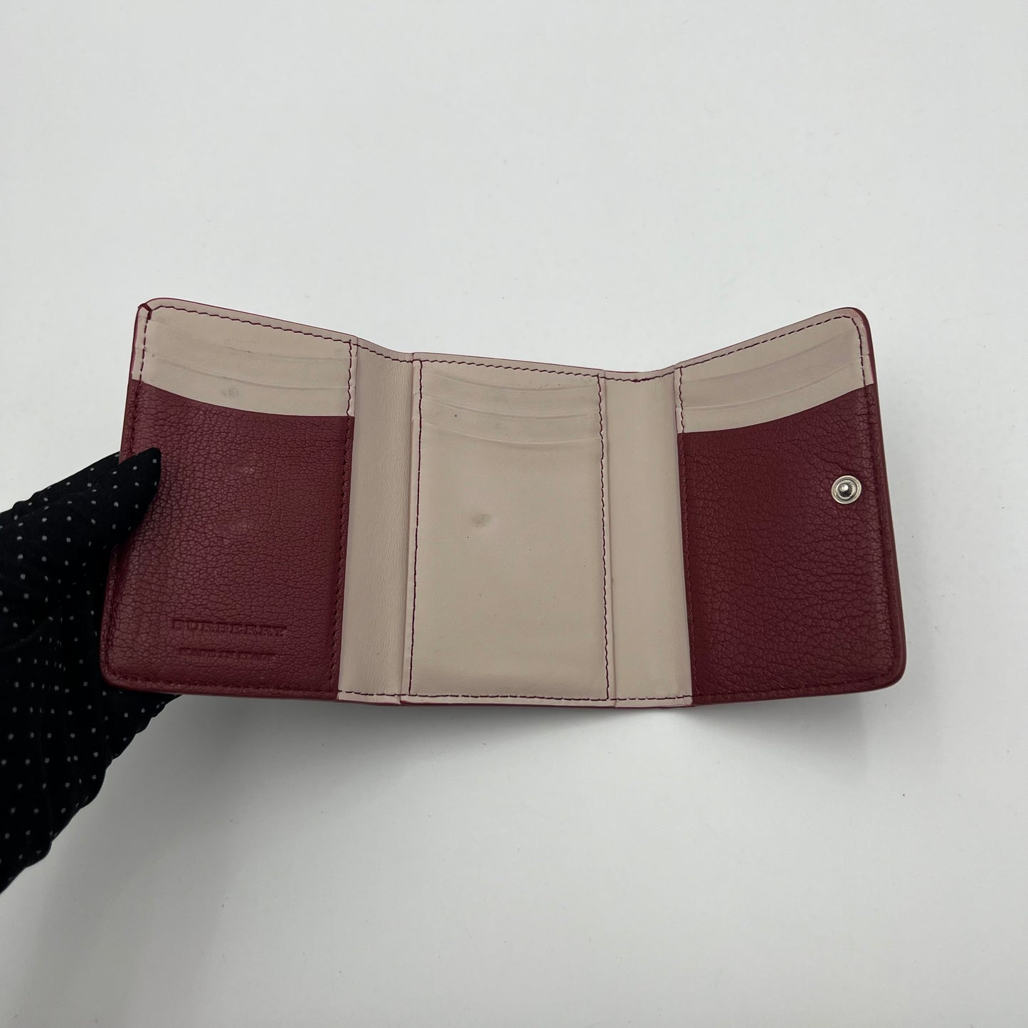Burberry Burgundy Leather Crimson Trifold Short Wallet