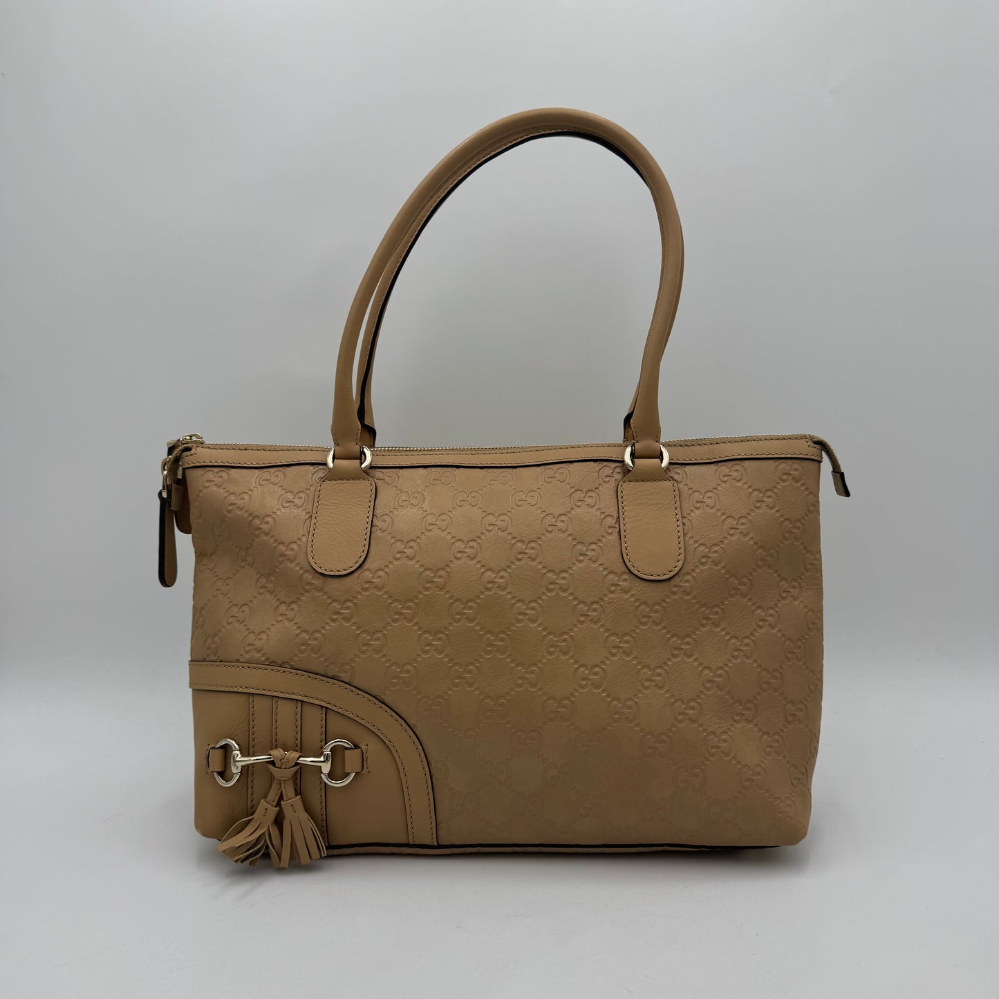 Gucci Beige Guccissima Leather Horsebit Tassel Tote Shoulder Bag