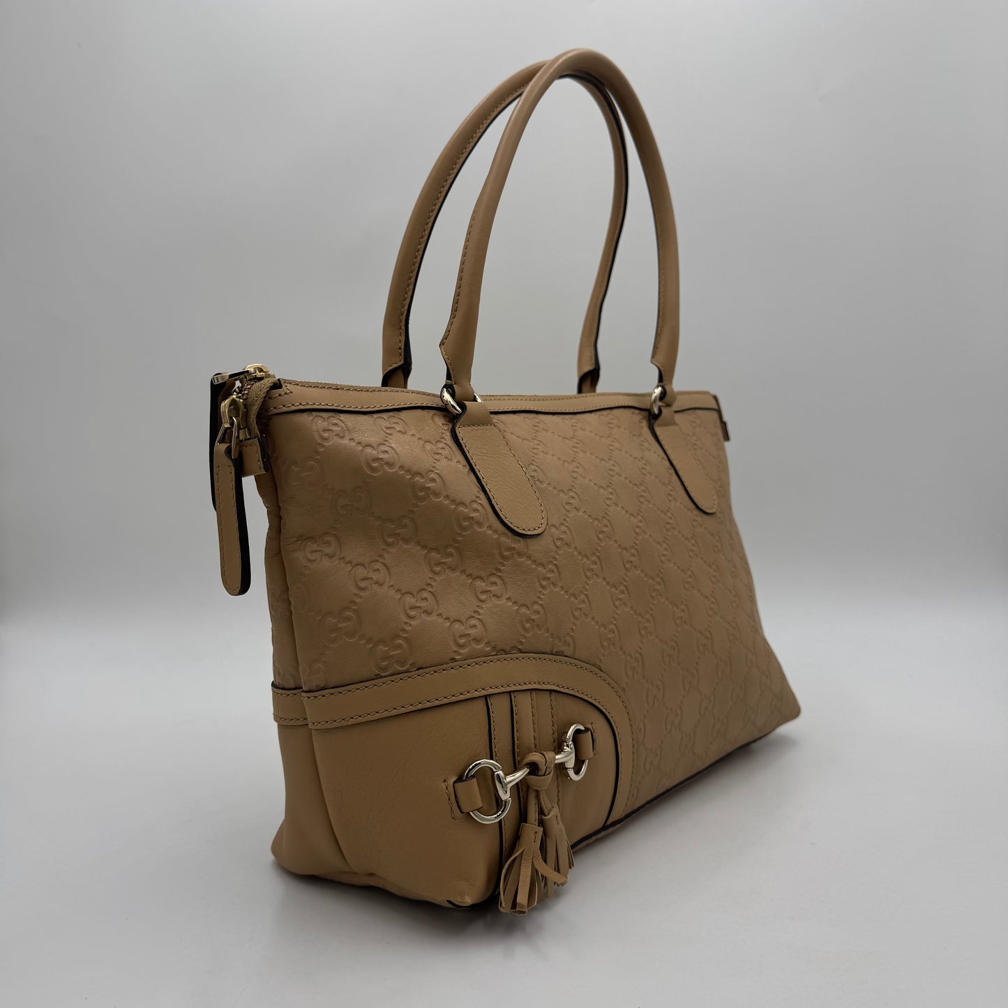 Gucci Beige Guccissima Leather Horsebit Tassel Tote Shoulder Bag