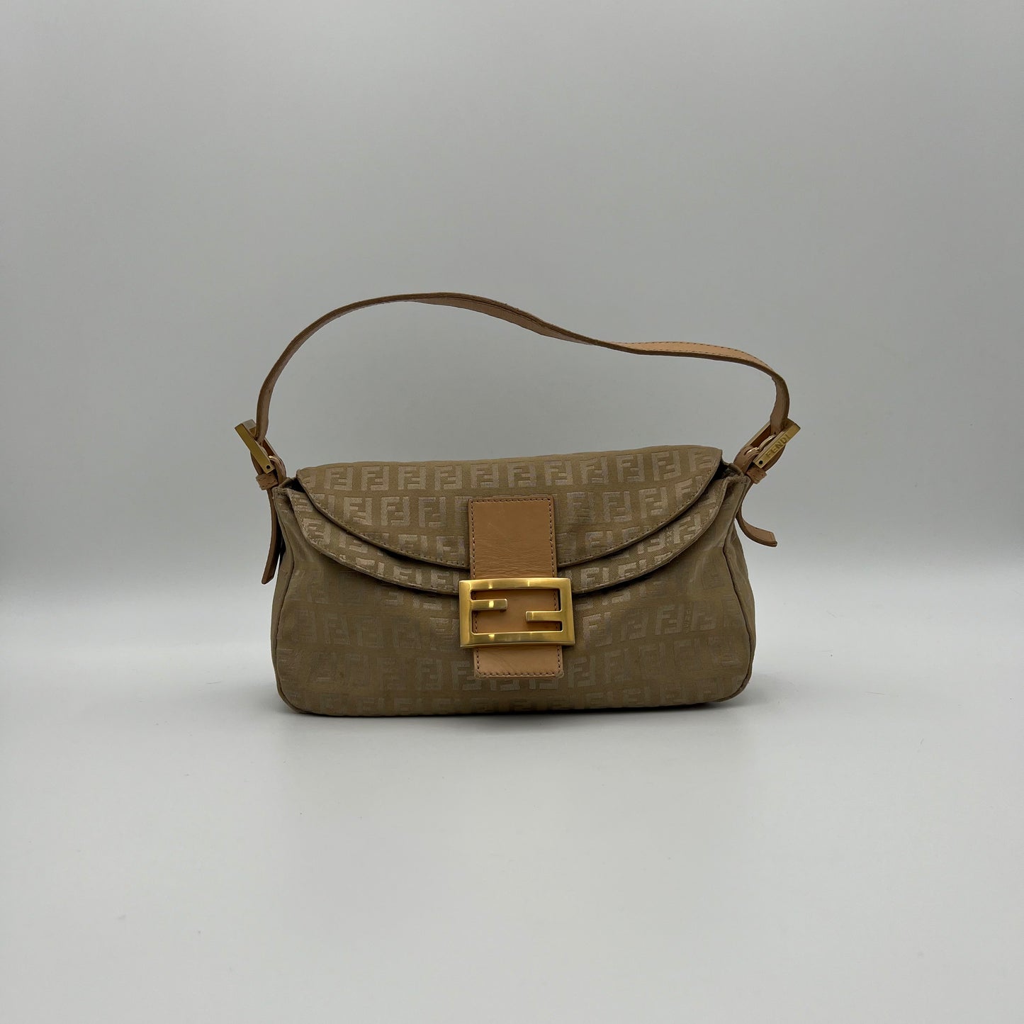 Fendi Beige Gold Zucchino Canvas Baguette GHW