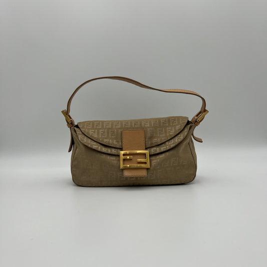 Fendi Beige Gold Zucchino Canvas Baguette GHW