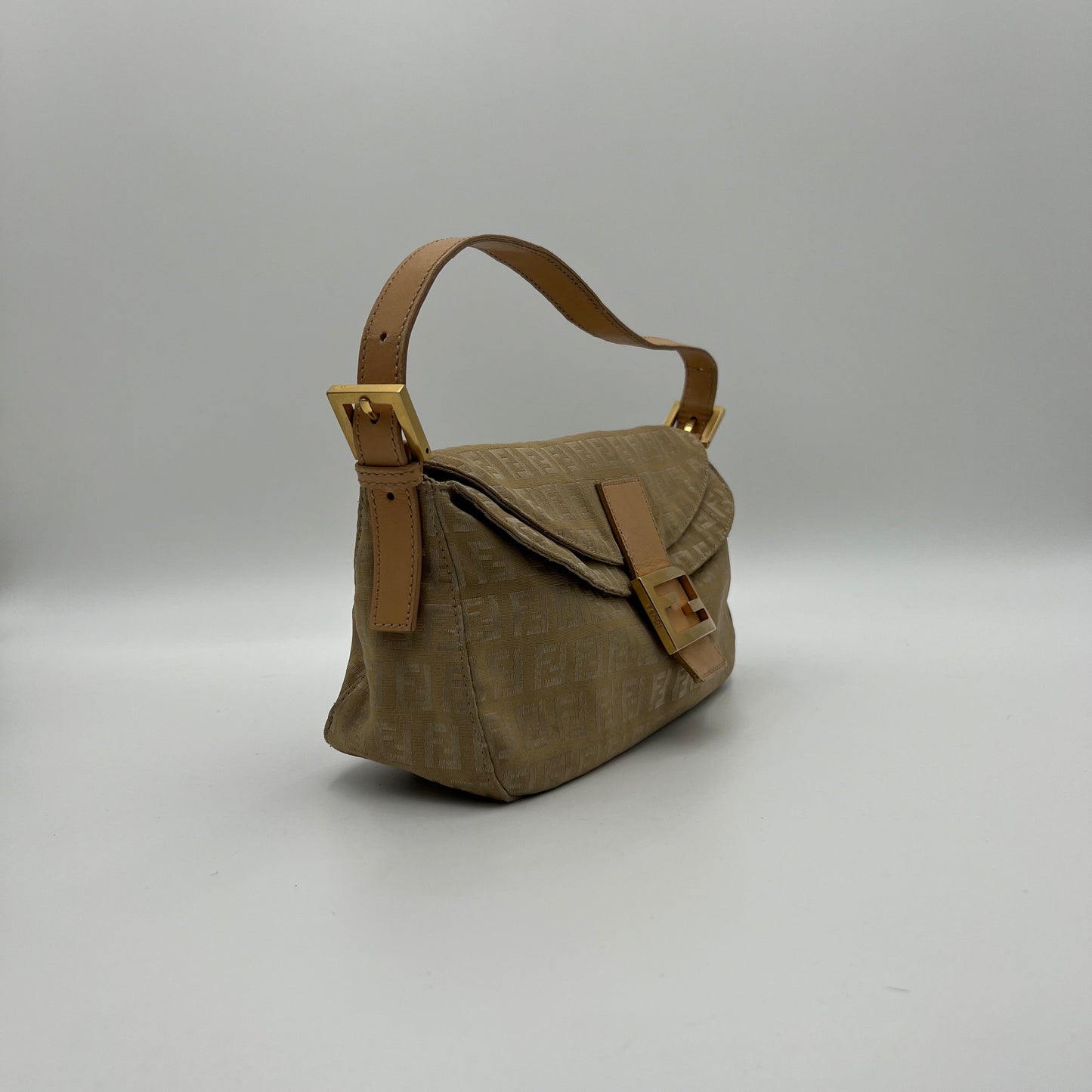 Fendi Beige Gold Zucchino Canvas Baguette GHW