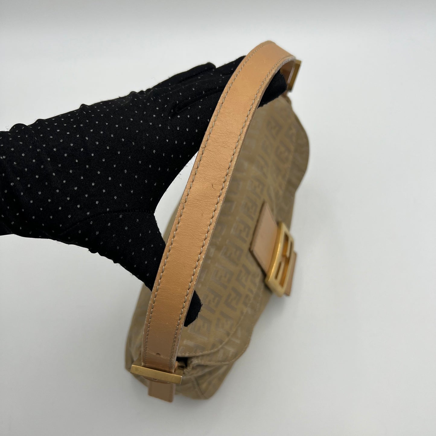 Fendi Beige Gold Zucchino Canvas Baguette GHW