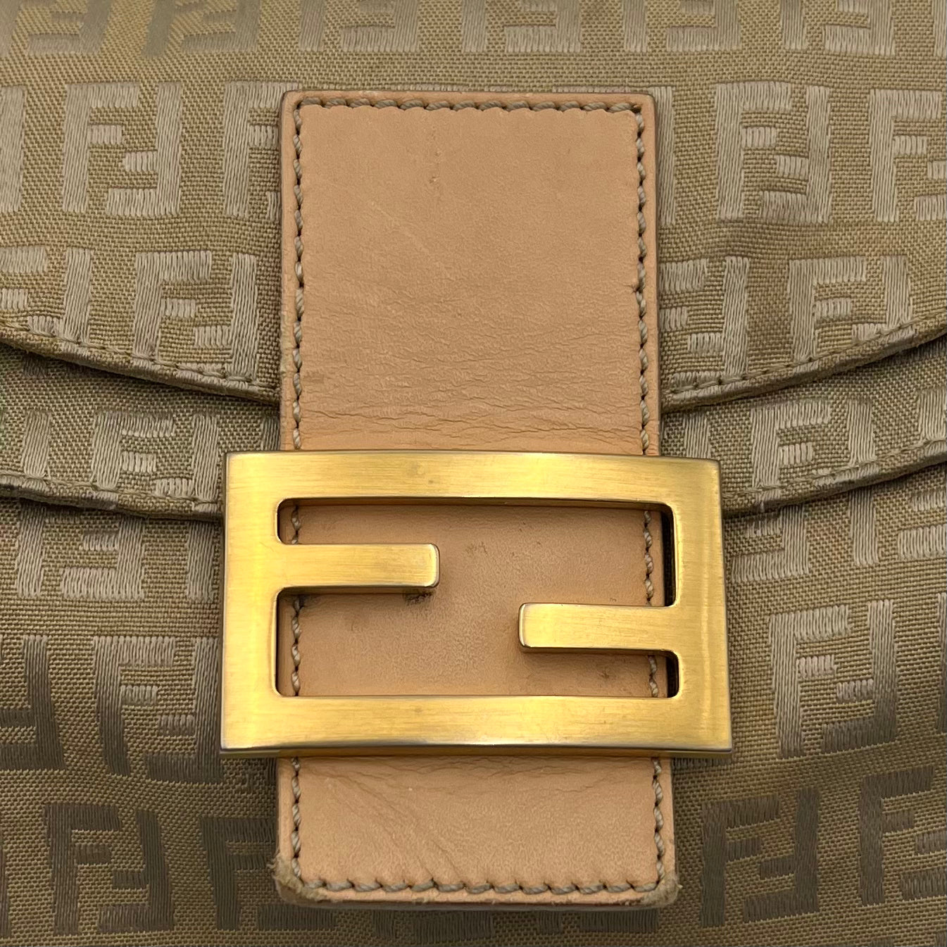 Fendi Beige Gold Zucchino Canvas Baguette GHW