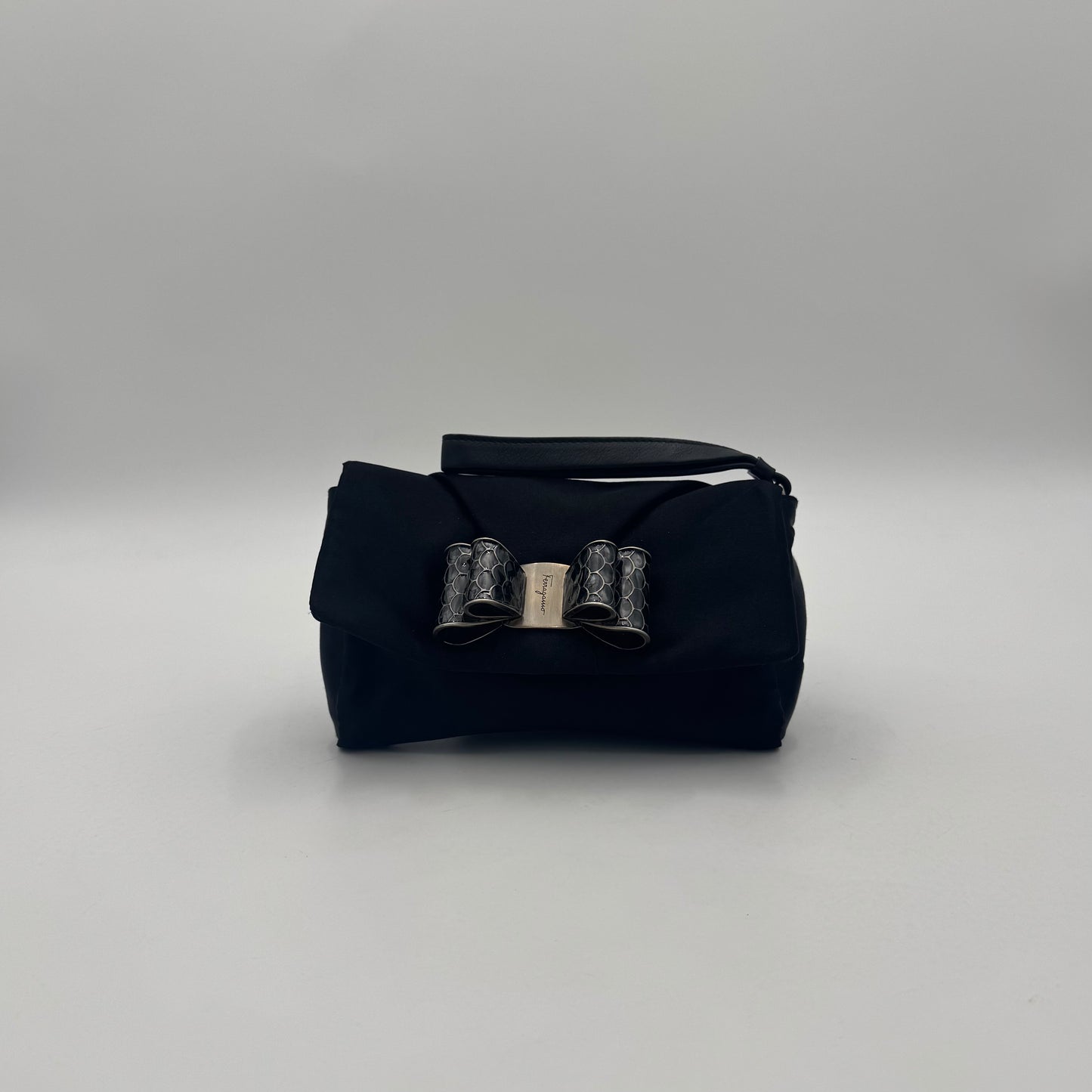 Salvatore Ferragamo Black Satin Snake Effect Metal Bow Wristlet Clutch