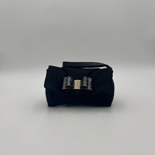 Salvatore Ferragamo Black Satin Snake Effect Metal Bow Wristlet Clutch