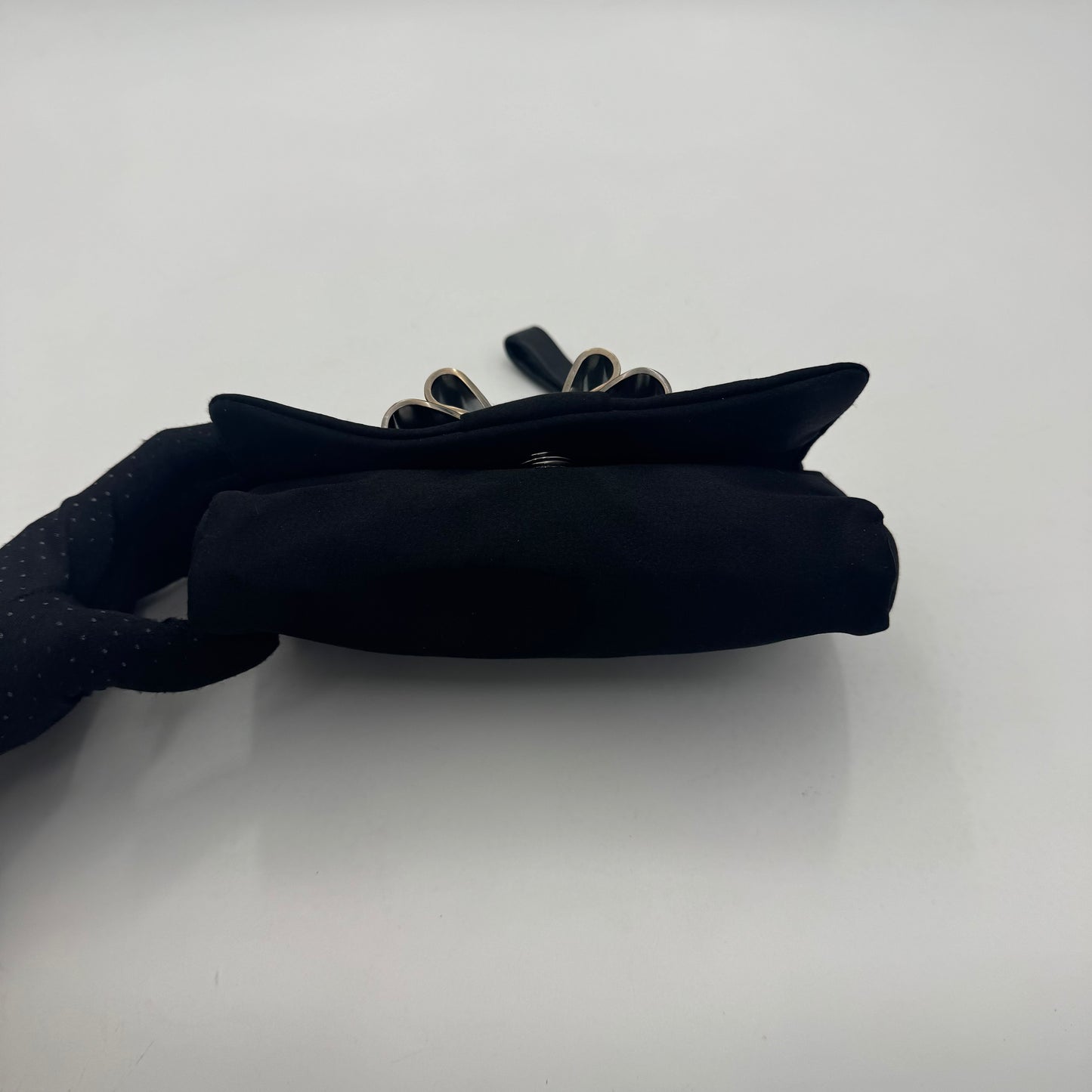 Salvatore Ferragamo Black Satin Snake Effect Metal Bow Wristlet Clutch