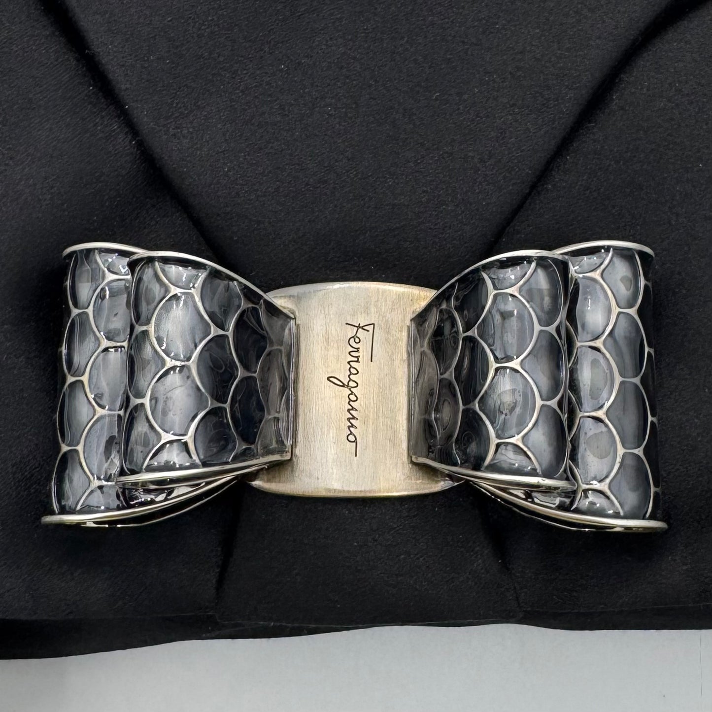 Salvatore Ferragamo Black Satin Snake Effect Metal Bow Wristlet Clutch