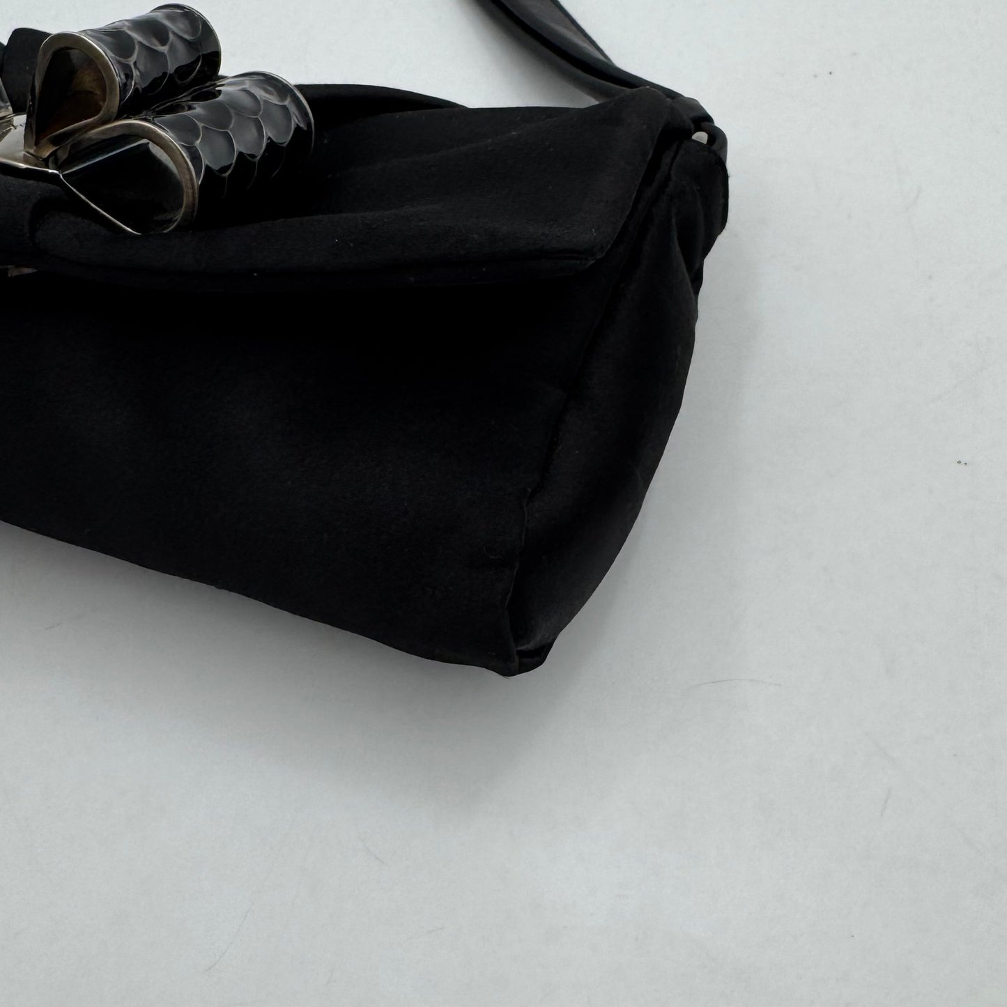 Salvatore Ferragamo Black Satin Snake Effect Metal Bow Wristlet Clutch