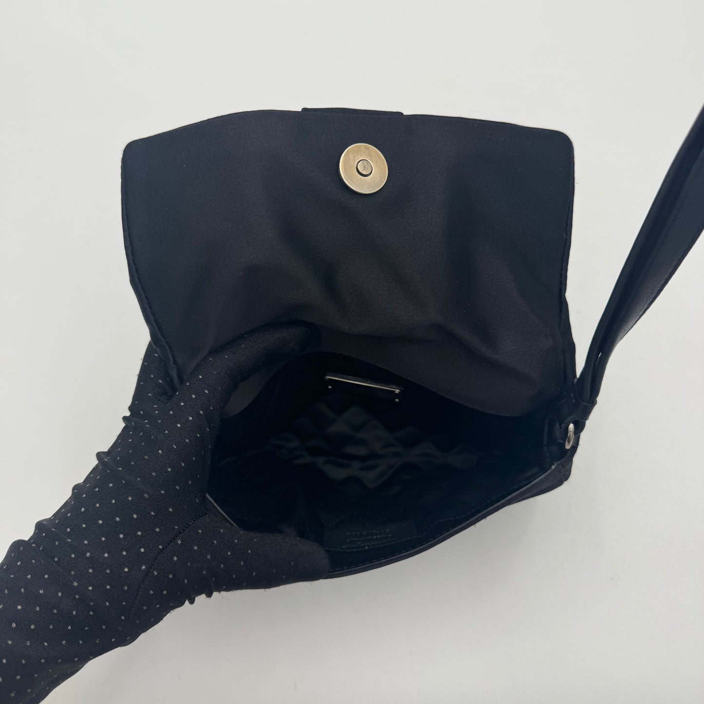 Salvatore Ferragamo Black Satin Snake Effect Metal Bow Wristlet Clutch