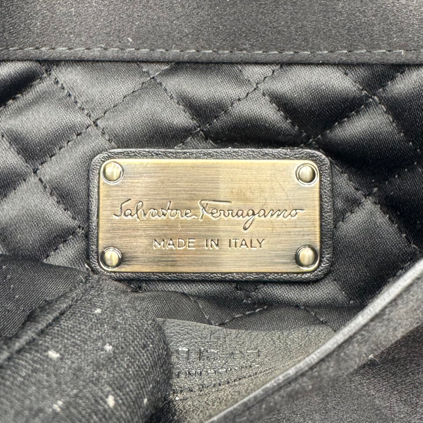 Salvatore Ferragamo Black Satin Snake Effect Metal Bow Wristlet Clutch