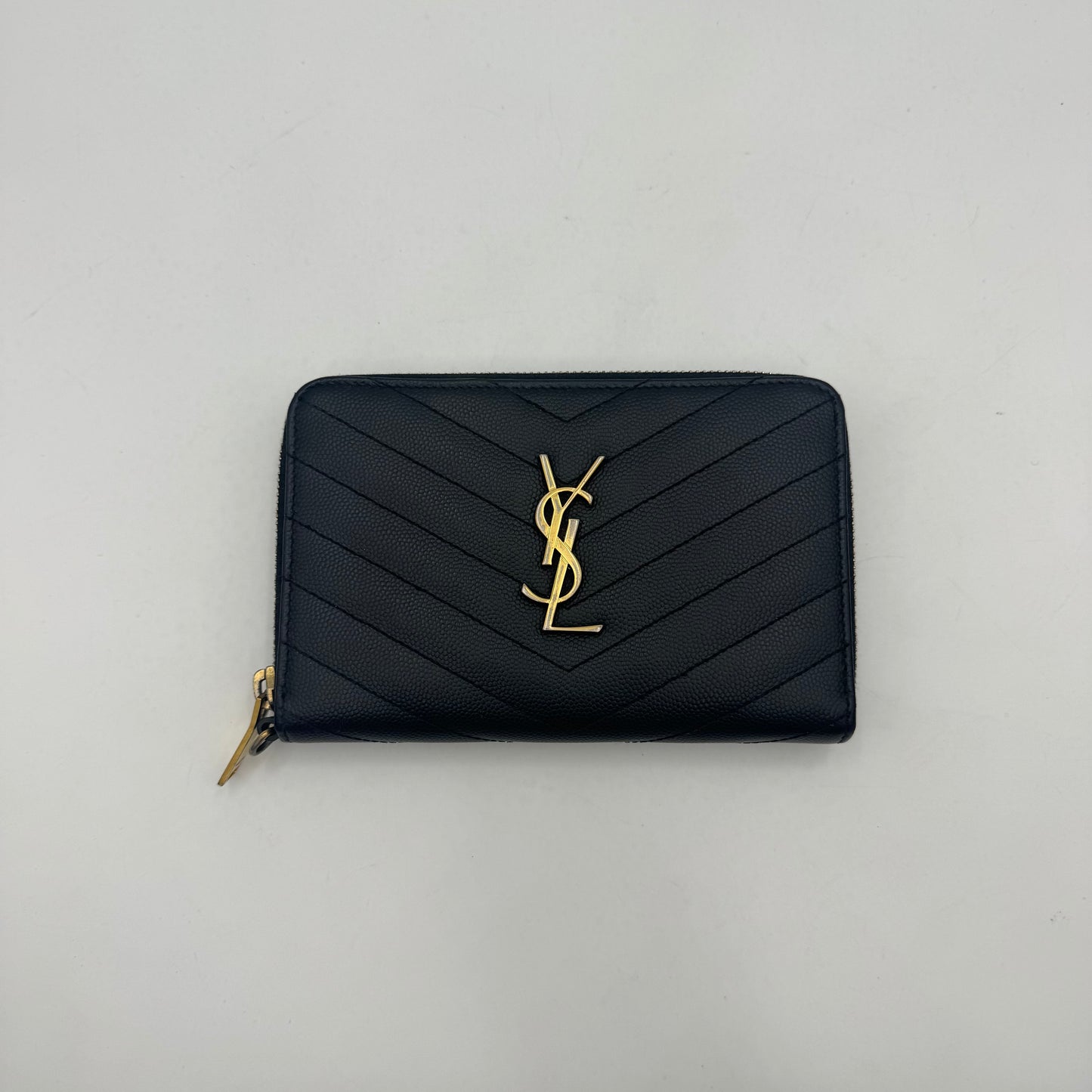 YSL Black Grained Leather Cassandre Matelasse Zip Around Medium Wallet GHW