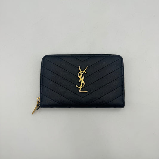 YSL Black Grained Leather Cassandre Matelasse Zip Around Medium Wallet GHW