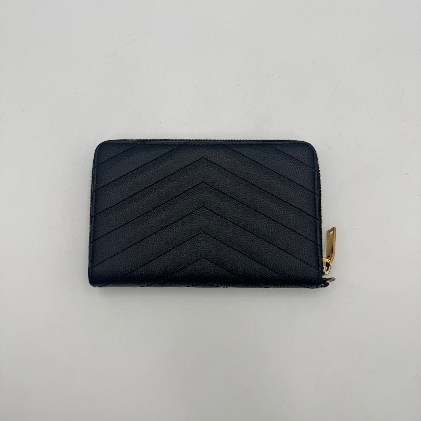 YSL Black Grained Leather Cassandre Matelasse Zip Around Medium Wallet GHW